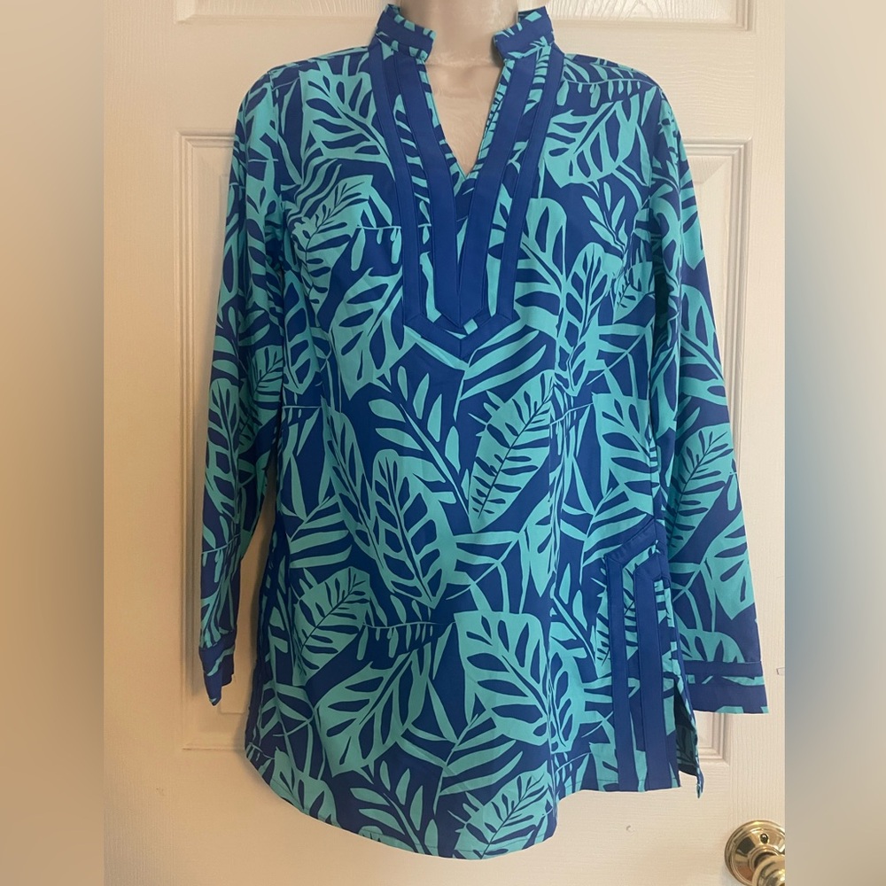 Coolibar‎ Teal and Navy Leaf-Print Tunic